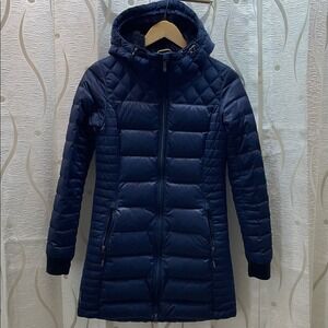 Lole Puffer Coat Womens XS Navy Blue Excellent Down Filled Hooded Quilted Jacket